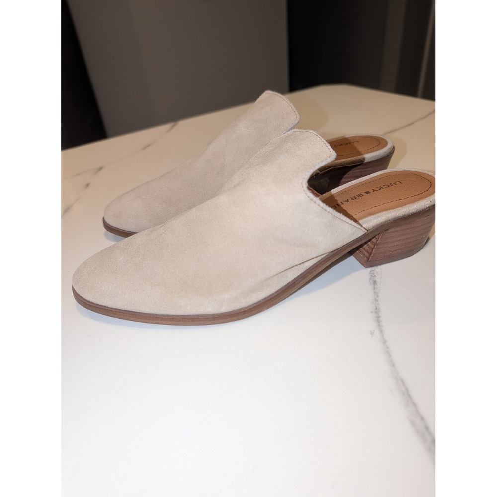 Lucky Brand Meistar Suede Mules Beige Pointed Toe Block Heel Slip On Shoes 9M